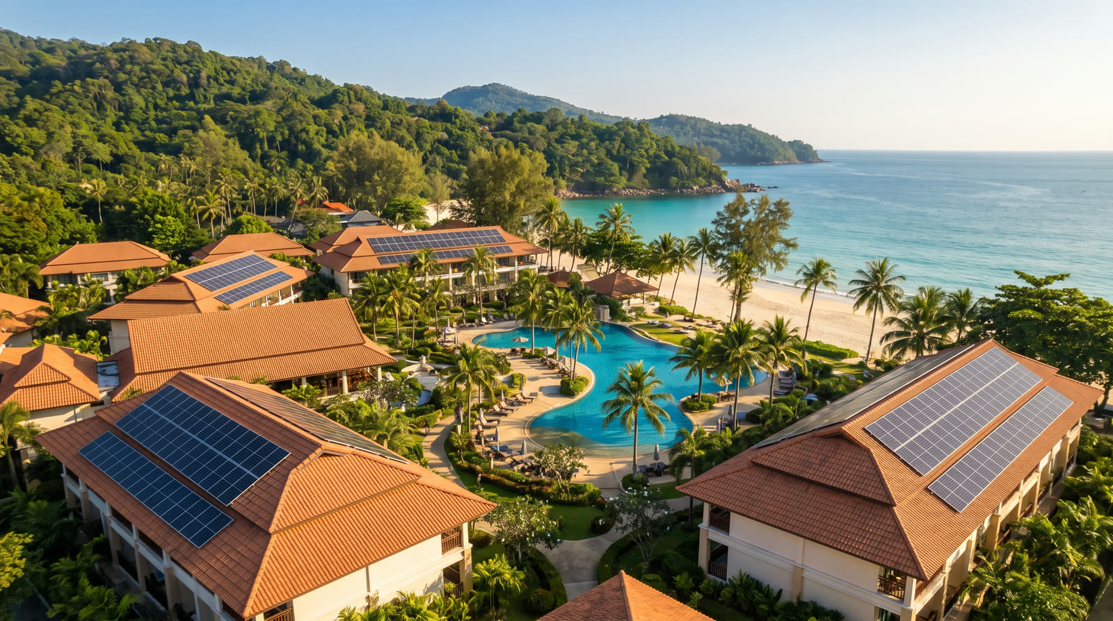 ภาพประกอบรีสอร์ทริมหาดฝั่งตะวันตกของภูเก็ตที่ติดตั้งแผงโซลาร์บนหลังคากระเบื้อง