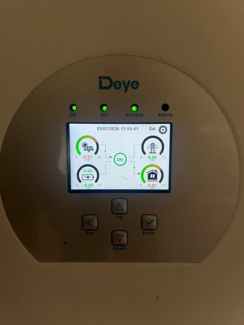 จอมอนิเตอร์ Deye แสดงกำลังผลิตโซลาร์ 8.91 kW จ่ายให้โหลด 8.80 kW ระบบทำงานจริง โกดัง นาใต้ พังงา